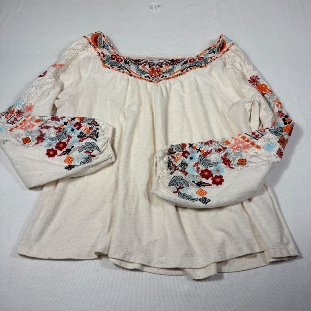 Soft Surroundings Embroidered Top PL Cream Floral Lace Boho Peasant Festival
